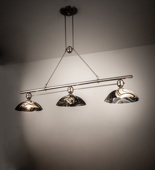 Meyda Lighting Deco Ball 70" 3-Light Brushed Nickel Noir Swirl Island Pendant Light With Black Swirl Shade Glass