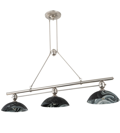 Meyda Lighting Deco Ball 70" 3-Light Brushed Nickel Noir Swirl Island Pendant Light With Black Swirl Shade Glass