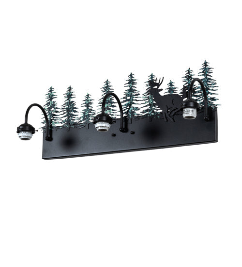 Meyda Lighting Deer 27" 3-Light Textured Black & Green Trees Vanity Light With White Opal Shade Glass