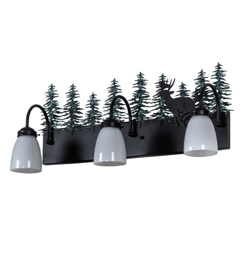 Meyda Lighting Deer 27" 3-Light Textured Black & Green Trees Vanity Light With White Opal Shade Glass