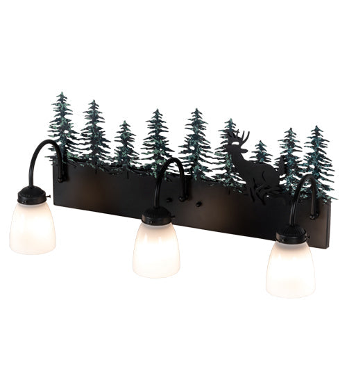 Meyda Lighting Deer 27" 3-Light Textured Black & Green Trees Vanity Light With White Opal Shade Glass