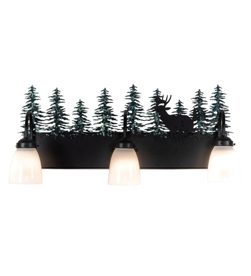 Meyda Lighting Deer 27" 3-Light Textured Black & Green Trees Vanity Light With White Opal Shade Glass