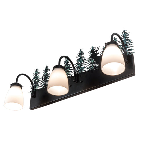 Meyda Lighting Deer 27" 3-Light Textured Black & Green Trees Vanity Light With White Opal Shade Glass