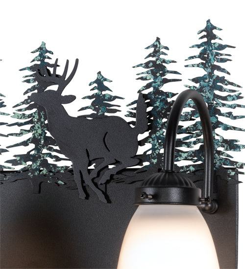 Meyda Lighting Deer 27" 3-Light Textured Black & Green Trees Vanity Light With White Opal Shade Glass