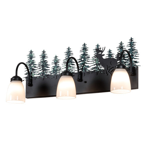 Meyda Lighting Deer 27" 3-Light Textured Black & Green Trees Vanity Light With White Opal Shade Glass