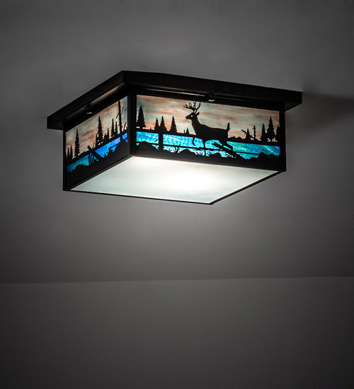 Meyda Lighting Deer Creek 23" 2-Light Craftsman Brown Flush Mount Light With Multi-Colored Shade Glass