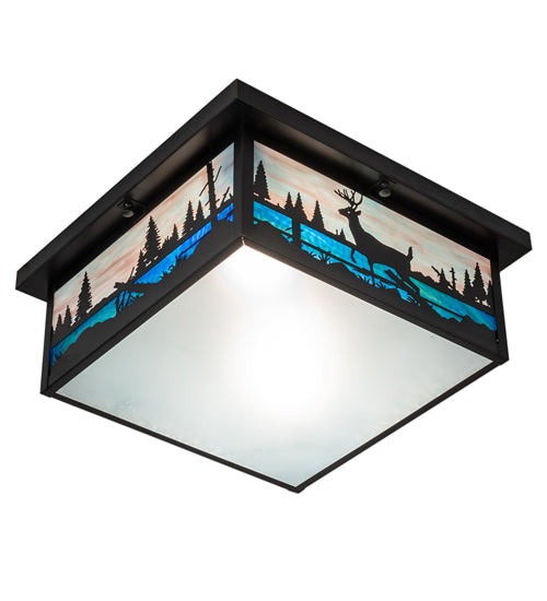 Meyda Lighting Deer Creek 23" 2-Light Craftsman Brown Flush Mount Light With Multi-Colored Shade Glass