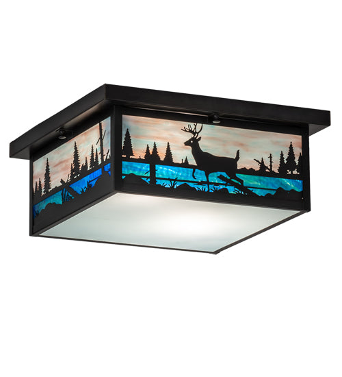 Meyda Lighting Deer Creek 23" 2-Light Craftsman Brown Flush Mount Light With Multi-Colored Shade Glass