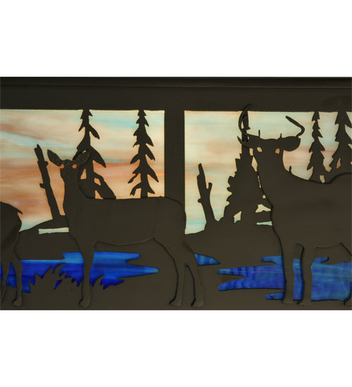 Meyda Lighting Deer Family & Eagle 32" 6-Light Oil Rubbed Bronze Island Pendant Light With Multi-Colored Shade Glass