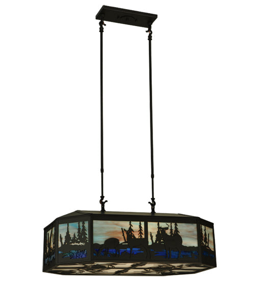 Meyda Lighting Deer Family & Eagle 32" 6-Light Oil Rubbed Bronze Island Pendant Light With Multi-Colored Shade Glass