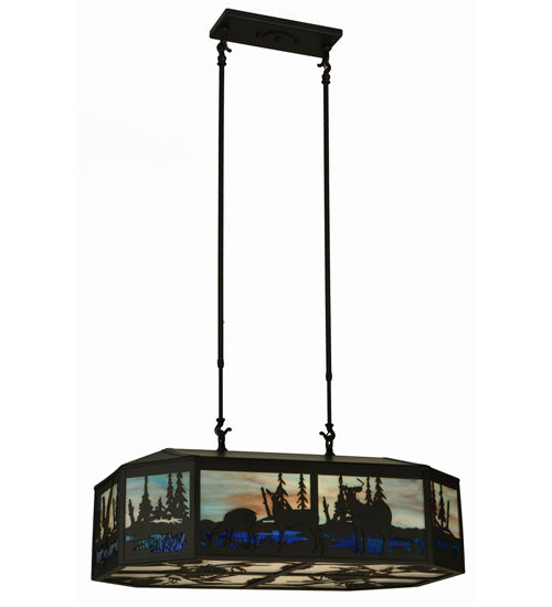 Meyda Lighting Deer Family & Eagle 32" 6-Light Oil Rubbed Bronze Island Pendant Light With Multi-Colored Shade Glass