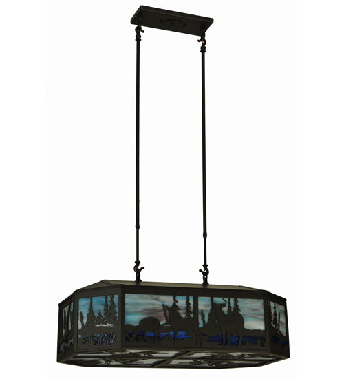 Meyda Lighting Deer Family & Eagle 32" 6-Light Oil Rubbed Bronze Island Pendant Light With Multi-Colored Shade Glass