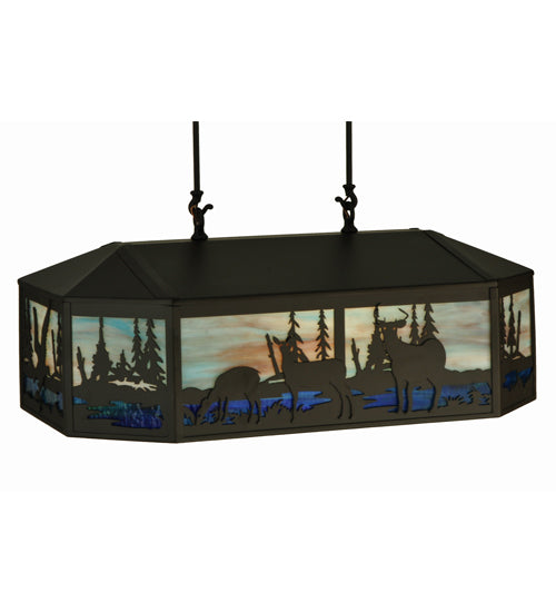 Meyda Lighting Deer Family & Eagle 32" 6-Light Oil Rubbed Bronze Island Pendant Light With Multi-Colored Shade Glass