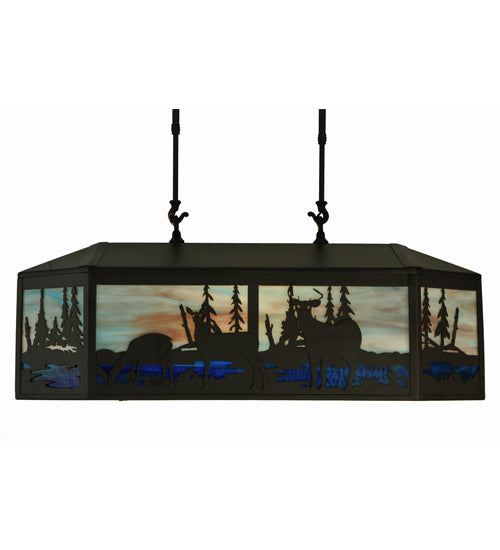 Meyda Lighting Deer Family & Eagle 32" 6-Light Oil Rubbed Bronze Island Pendant Light With Multi-Colored Shade Glass