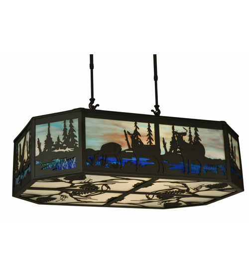 Meyda Lighting Deer Family & Eagle 32" 6-Light Oil Rubbed Bronze Island Pendant Light With Multi-Colored Shade Glass