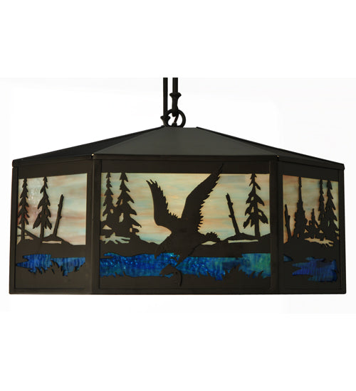 Meyda Lighting Deer Family & Eagle 32" 6-Light Oil Rubbed Bronze Island Pendant Light With Multi-Colored Shade Glass