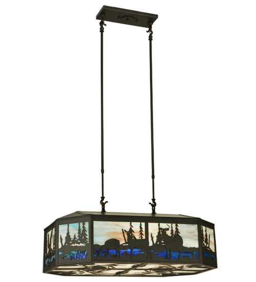 Meyda Lighting Deer Family & Eagle 32" 6-Light Oil Rubbed Bronze Island Pendant Light With Multi-Colored Shade Glass