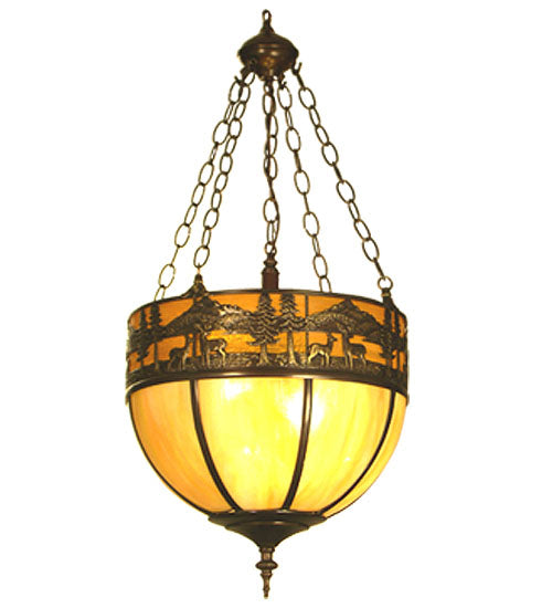Meyda Lighting Deer Lodge 16" 4-Light Craftsman Brown Inverted Pendant Light With Orange & Yellow Shade Glass