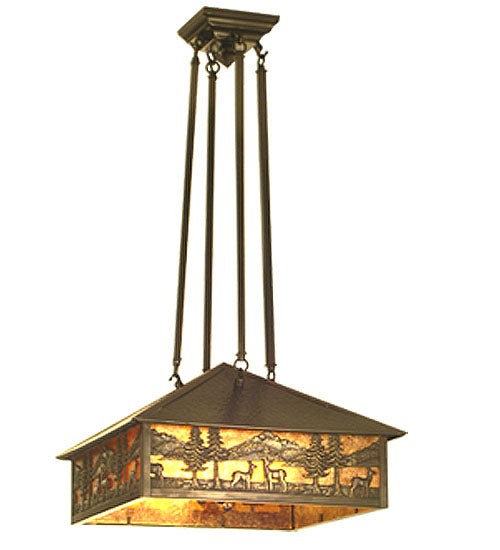 Meyda Lighting Deer Lodge 23" 3-Light Craftsman Brown Pendant Light With Amber Mica Shade Glass