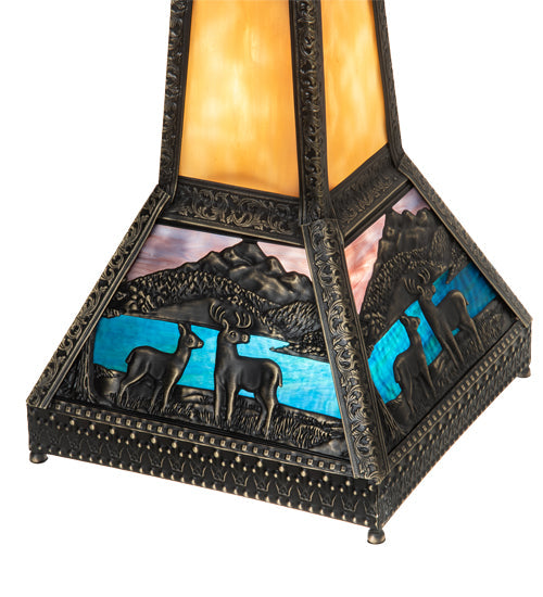 Meyda Lighting Deer Lodge 29" 3-Light Craftsman Brown Table Lamp With Blue & Beige Shade Glass and Lighted Base