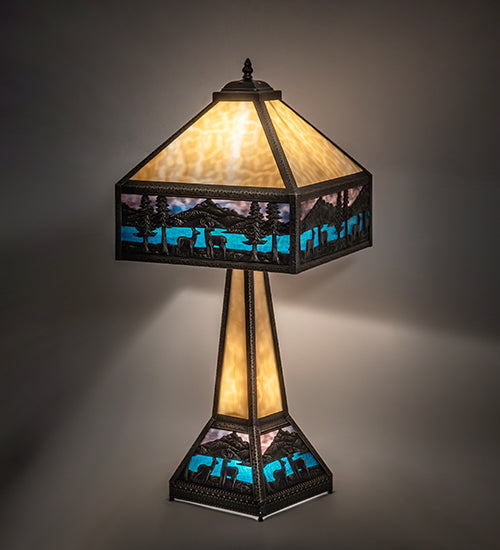 Meyda Lighting Deer Lodge 29" 3-Light Craftsman Brown Table Lamp With Blue & Beige Shade Glass and Lighted Base