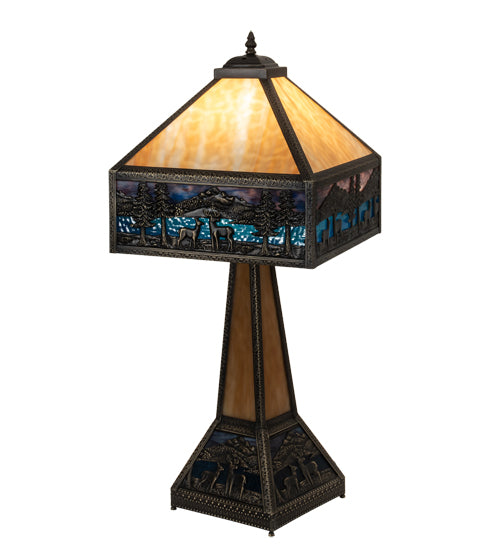 Meyda Lighting Deer Lodge 29" 3-Light Craftsman Brown Table Lamp With Blue & Beige Shade Glass and Lighted Base
