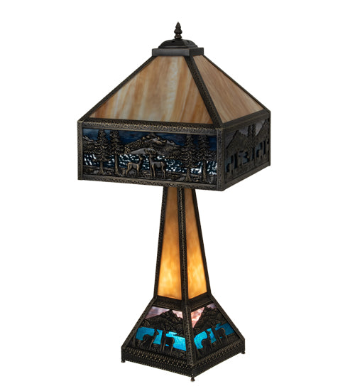 Meyda Lighting Deer Lodge 29" 3-Light Craftsman Brown Table Lamp With Blue & Beige Shade Glass and Lighted Base