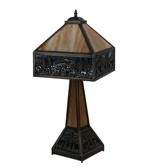 Meyda Lighting Deer Lodge 29" 3-Light Craftsman Brown Table Lamp With Blue & Beige Shade Glass and Lighted Base