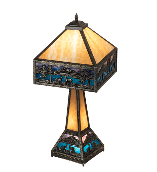 Meyda Lighting Deer Lodge 29" 3-Light Craftsman Brown Table Lamp With Blue & Beige Shade Glass and Lighted Base