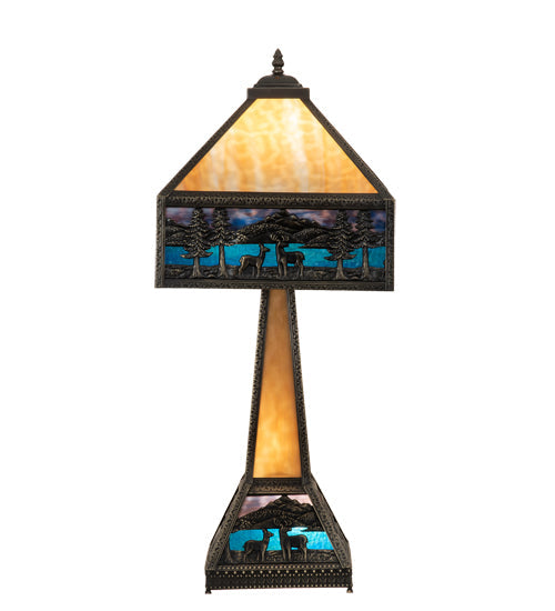 Meyda Lighting Deer Lodge 29" 3-Light Craftsman Brown Table Lamp With Blue & Beige Shade Glass and Lighted Base