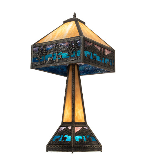 Meyda Lighting Deer Lodge 29" 3-Light Craftsman Brown Table Lamp With Blue & Beige Shade Glass and Lighted Base