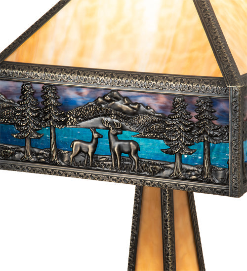 Meyda Lighting Deer Lodge 29" 3-Light Craftsman Brown Table Lamp With Blue & Beige Shade Glass and Lighted Base