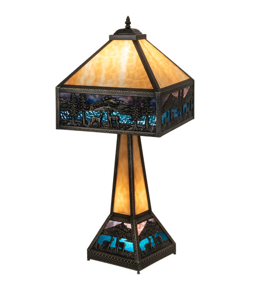 Meyda Lighting Deer Lodge 29" 3-Light Craftsman Brown Table Lamp With Blue & Beige Shade Glass and Lighted Base