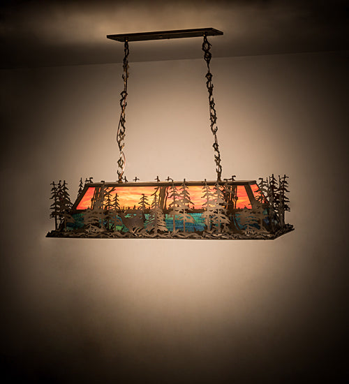 Meyda Lighting Deer Through the Trees 194594 50" 9-Light Antique Copper Island Pendant Light With Multi-Colored Shade