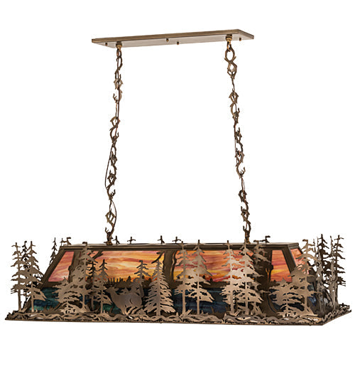 Meyda Lighting Deer Through the Trees 194594 50" 9-Light Antique Copper Island Pendant Light With Multi-Colored Shade