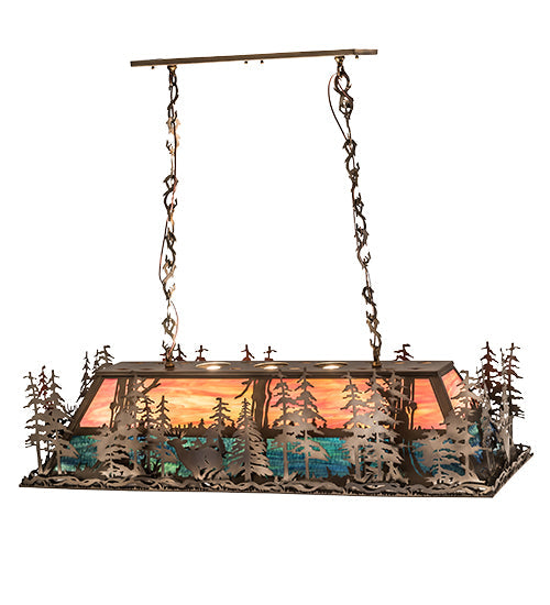 Meyda Lighting Deer Through the Trees 194594 50" 9-Light Antique Copper Island Pendant Light With Multi-Colored Shade