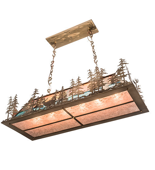 Meyda Lighting Deer Through the Trees 194594 50" 9-Light Antique Copper Island Pendant Light With Multi-Colored Shade