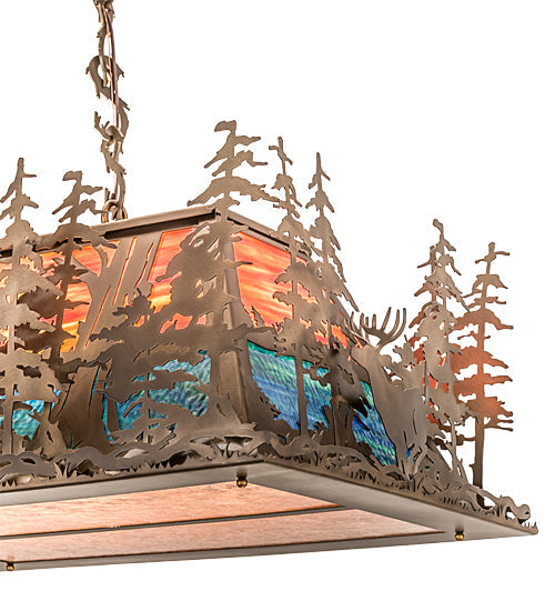 Meyda Lighting Deer Through the Trees 194594 50" 9-Light Antique Copper Island Pendant Light With Multi-Colored Shade