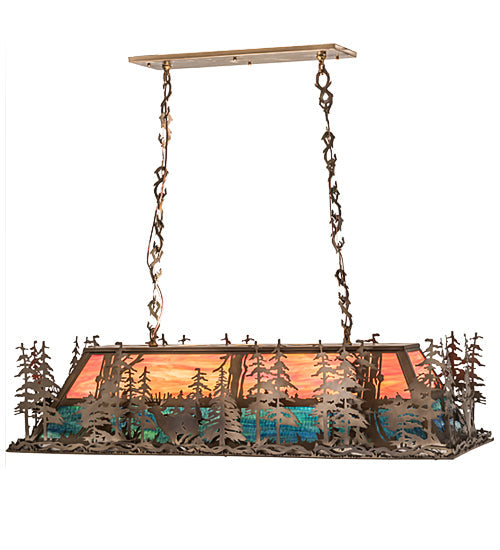 Meyda Lighting Deer Through the Trees 194594 50" 9-Light Antique Copper Island Pendant Light With Multi-Colored Shade