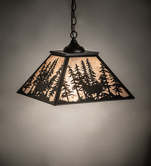 Meyda Lighting Deer Through the Trees 22" Textured Black Pendant Light With Silver Mica Shade Glass