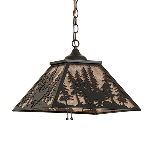 Meyda Lighting Deer Through the Trees 22" Textured Black Pendant Light With Silver Mica Shade Glass