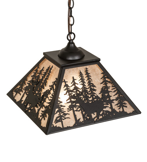 Meyda Lighting Deer Through the Trees 22" Textured Black Pendant Light With Silver Mica Shade Glass