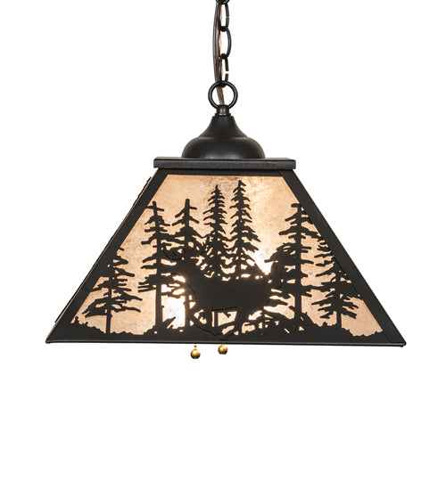 Meyda Lighting Deer Through the Trees 22" Textured Black Pendant Light With Silver Mica Shade Glass