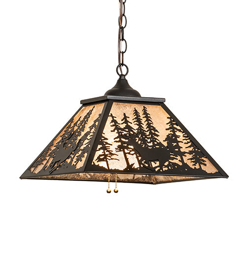 Meyda Lighting Deer Through the Trees 22" Textured Black Pendant Light With Silver Mica Shade Glass