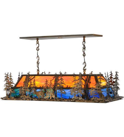 Meyda Lighting Deer Through the Trees 50" 9-Light Antique Copper Island Pendant Light With Multi-Colored Shade Glass