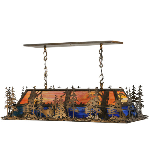 Meyda Lighting Deer Through the Trees 50" 9-Light Antique Copper Island Pendant Light With Multi-Colored Shade Glass