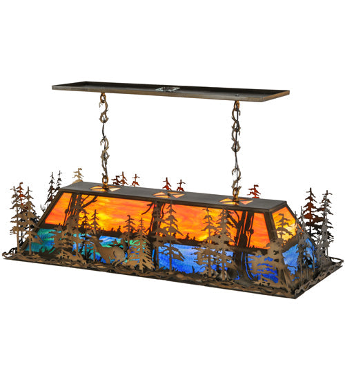 Meyda Lighting Deer Through the Trees 50" 9-Light Antique Copper Island Pendant Light With Multi-Colored Shade Glass