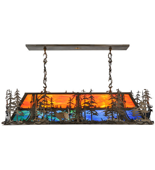 Meyda Lighting Deer Through the Trees 50" 9-Light Antique Copper Island Pendant Light With Multi-Colored Shade Glass