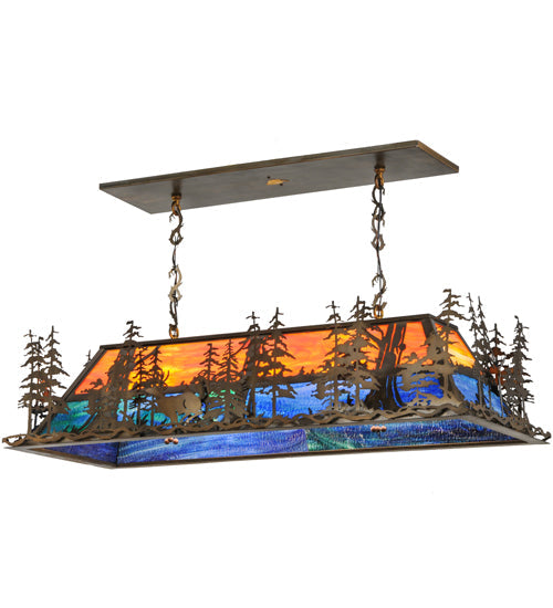 Meyda Lighting Deer Through the Trees 50" 9-Light Antique Copper Island Pendant Light With Multi-Colored Shade Glass