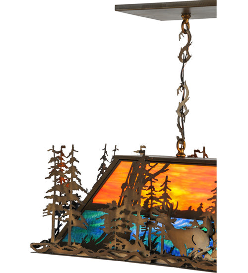 Meyda Lighting Deer Through the Trees 50" 9-Light Antique Copper Island Pendant Light With Multi-Colored Shade Glass